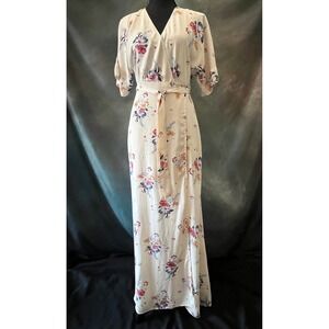 Socialite Floral Maxi Dress Beige Red Blue Wrap Belted Elegant Womens Size Small